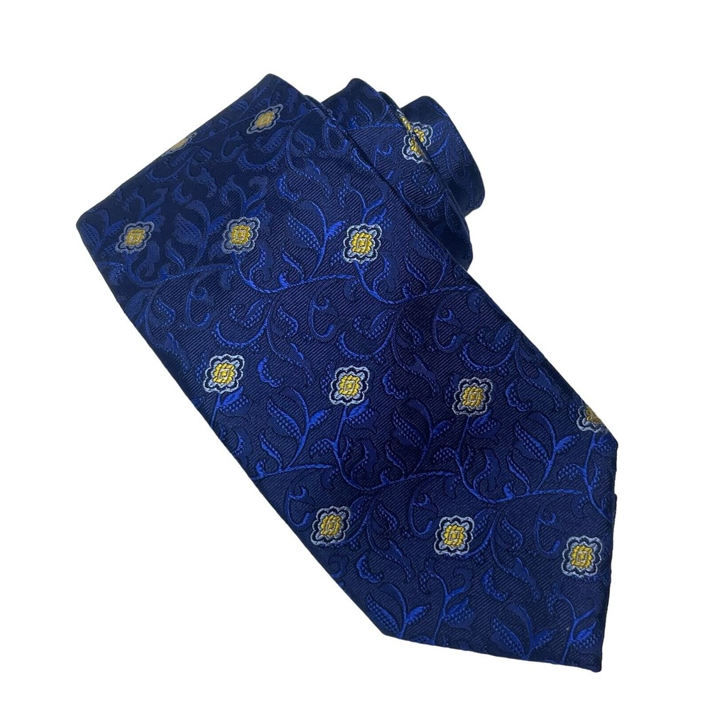 Paul Fredrick Necktie Blue Yellow Floral Silk